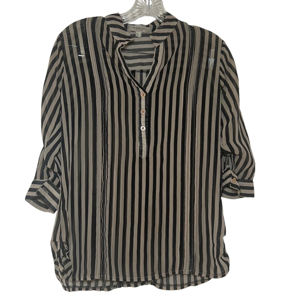 Burberry London Striped Silk Blend Sheer Blouse Tan Black Henley Top Small
